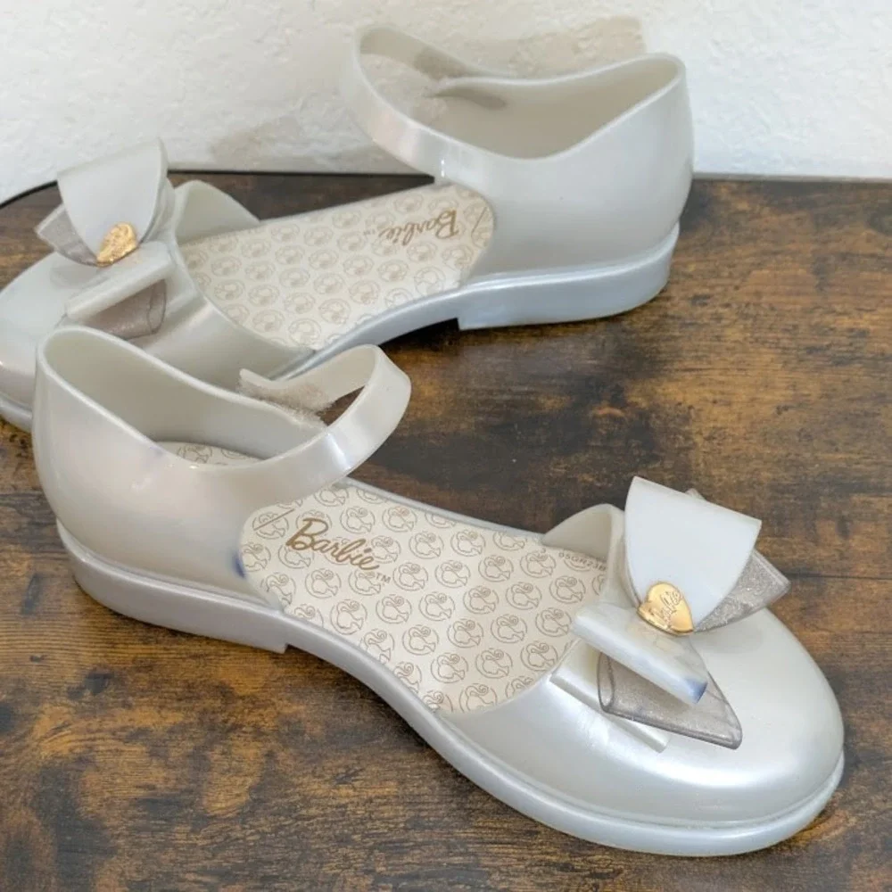 Mini Melissa Barbie Jelly Sandals Metallic White Bow Heart Vegan Big Kid Flats 4
